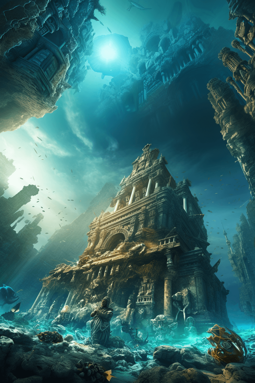 AI generated: In the magnificent ancient city ruins at the depths of the deep sea, at the heart of the city, there...