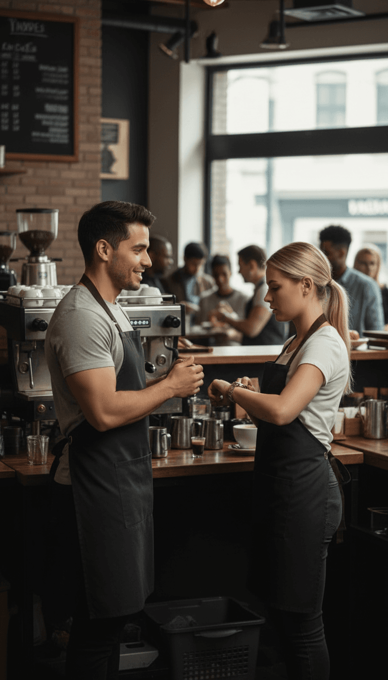 AI generated: Male Hispanic barista 5'2" tall, at a coffee shop behind the counter. The coffee shop is full of peo...