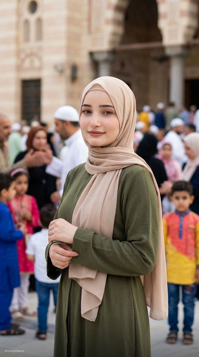 AI generated: A stunning 8K cinematic close-up portrait of a modest Egyptian girl standing outside a mosque after ...