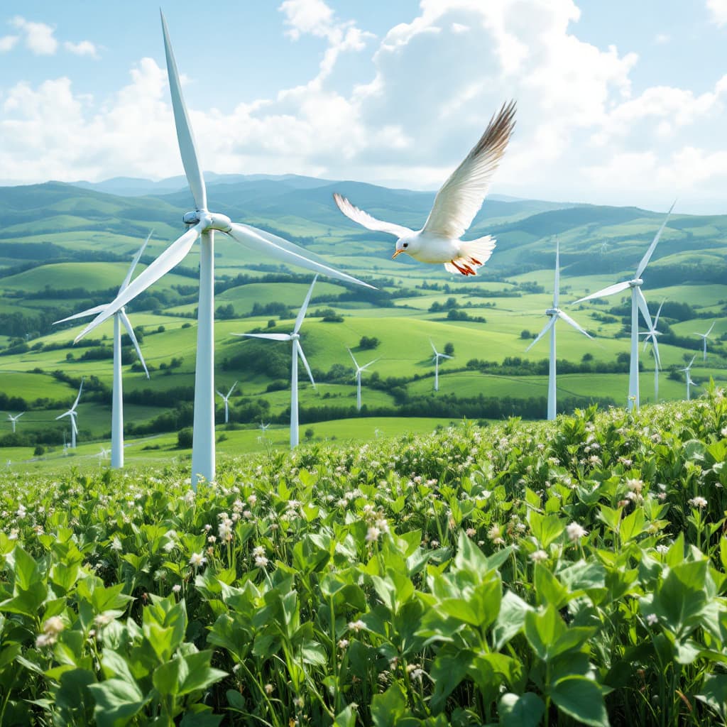 AI generated: white bird flying through wind turbines in a very green and clean world