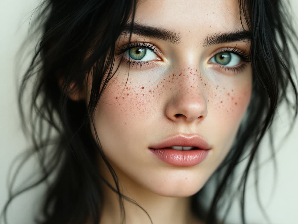 AI generated: Close-up portrait of a woman with green eyes, light freckles, and dark hair styled in loose tendrils...