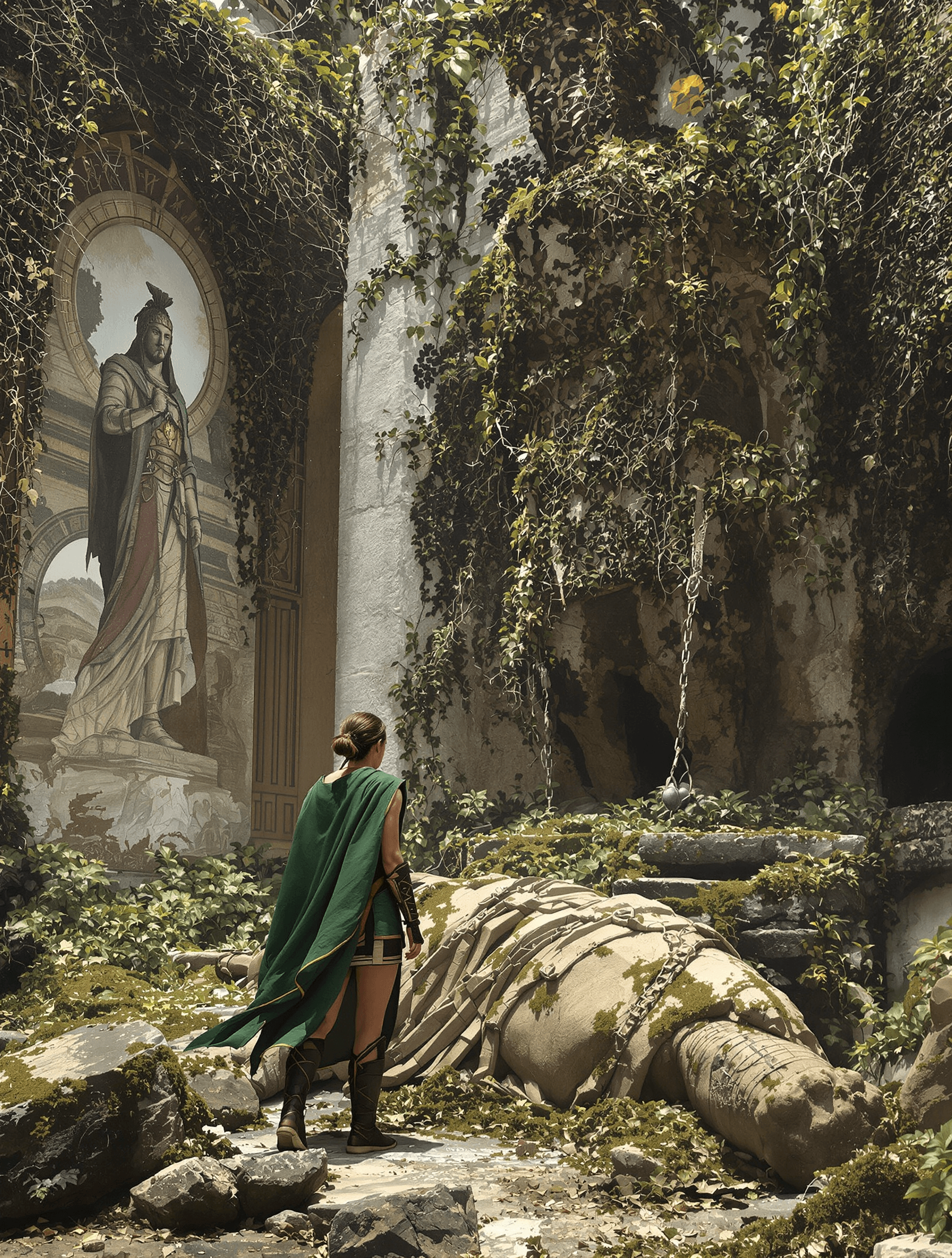 AI generated: In ancient times a 30 year old female warrior, hair tied back loosely, wearing her green cloak over ...