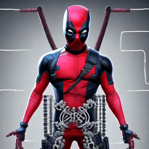 AI generated: Deadpool character with x-ray bones inside, carnage marvel character, with wires, glossy, symbionte,...