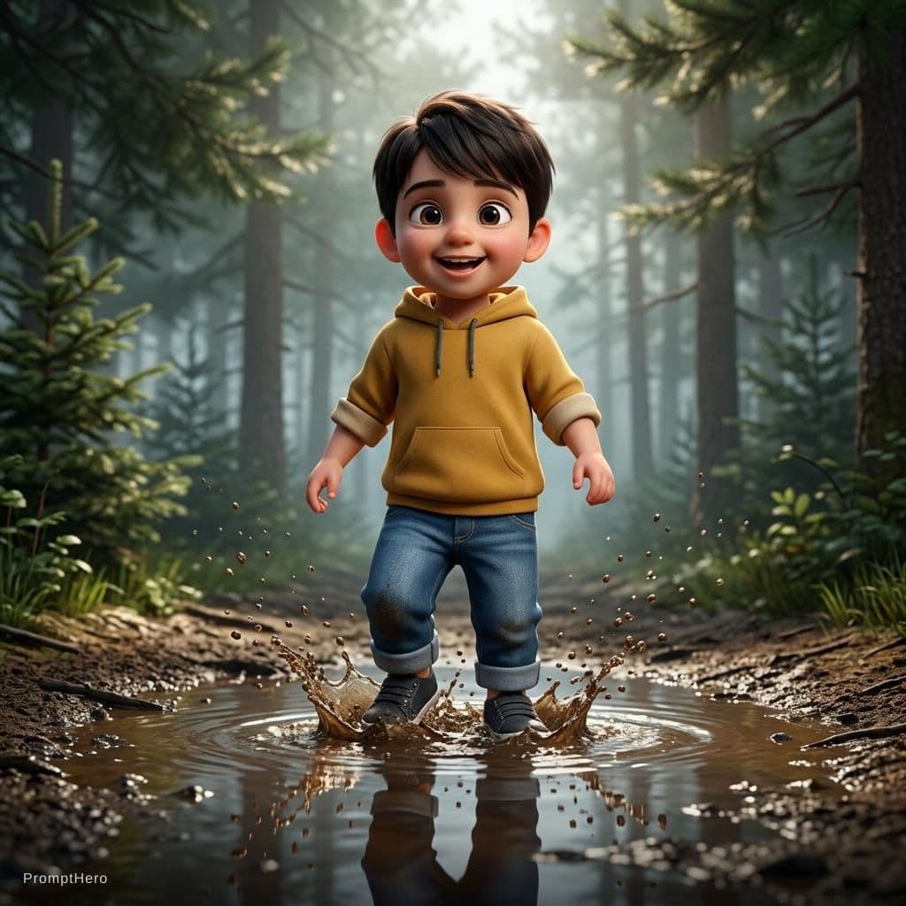 AI generated: Cute stylized 3D little boy standing in a shallow muddy puddle in a misty forest, close-up on boots ...