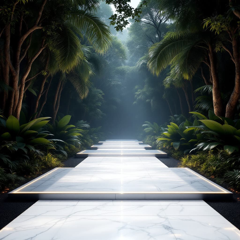 AI generated: A brightly lit  fashion runway with white marble floor in the middle of the rain forest at night add...