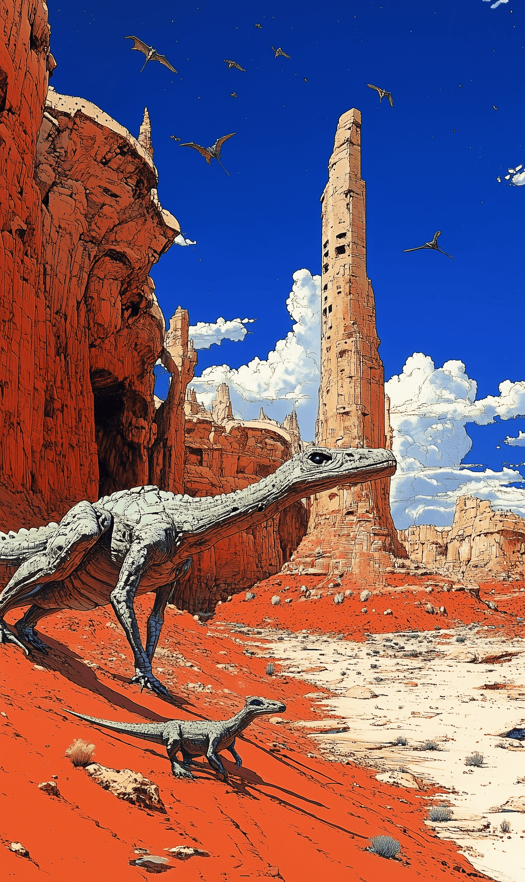AI generated: Pulp art illustration of strange animals and creatures in the desert, red rock formations, and blue ...