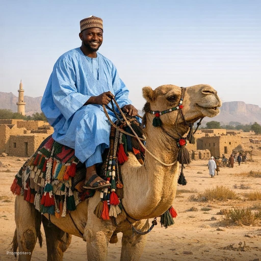 AI generated: Create an image of a nigerian man riding on a carmel in northern Nigeria.