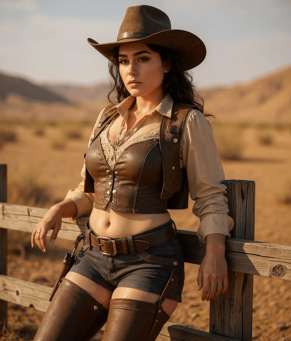AI generated: A ultra-high definition, hyper-detailed image of a Young, Attractive Woman as a buxom cowgirl in a w...
