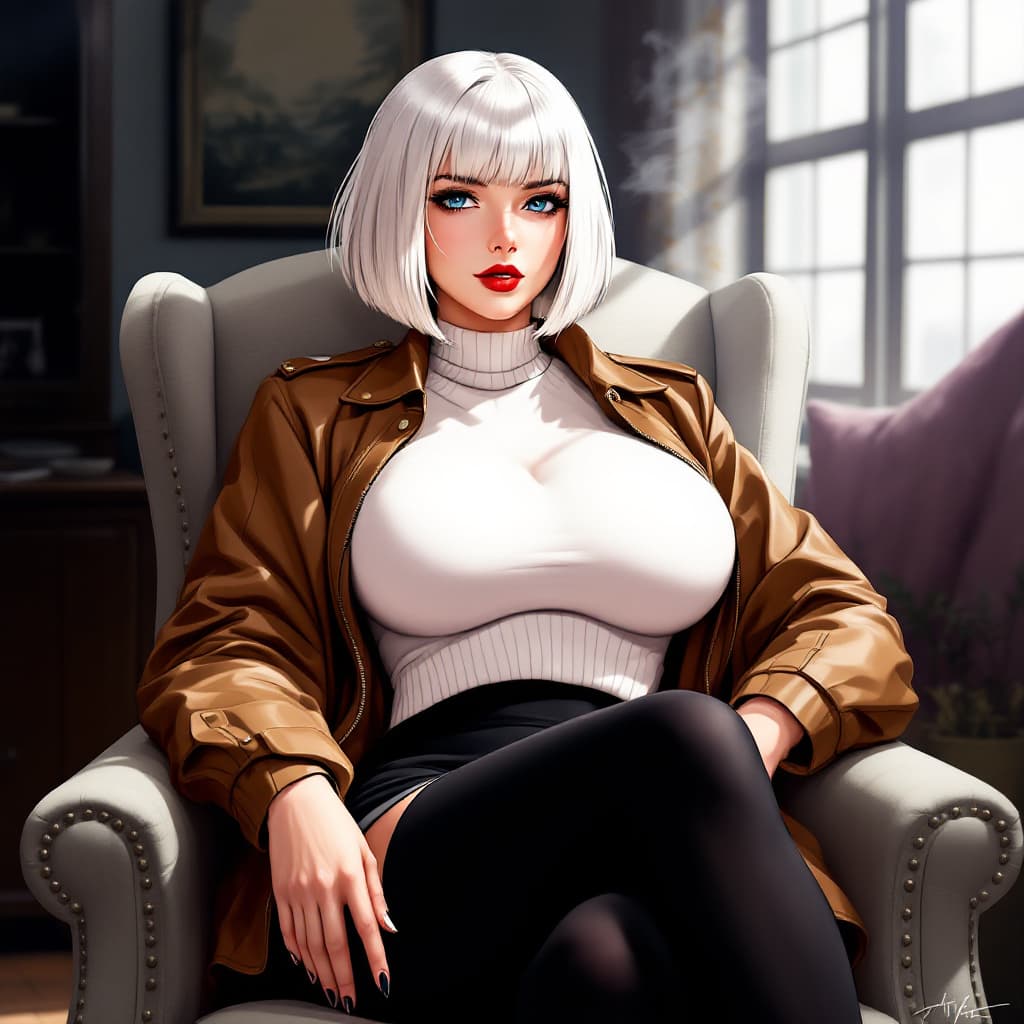 AI generated: anime, woman, white hair, bob cut, blue eyes, freckles, red lips, closed lips, white sweater, tight ...