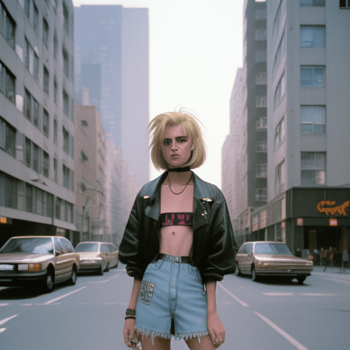 AI generated: Street style photo of a grunge style shemale in the streets of 1990 Manhattan standing in front of a...