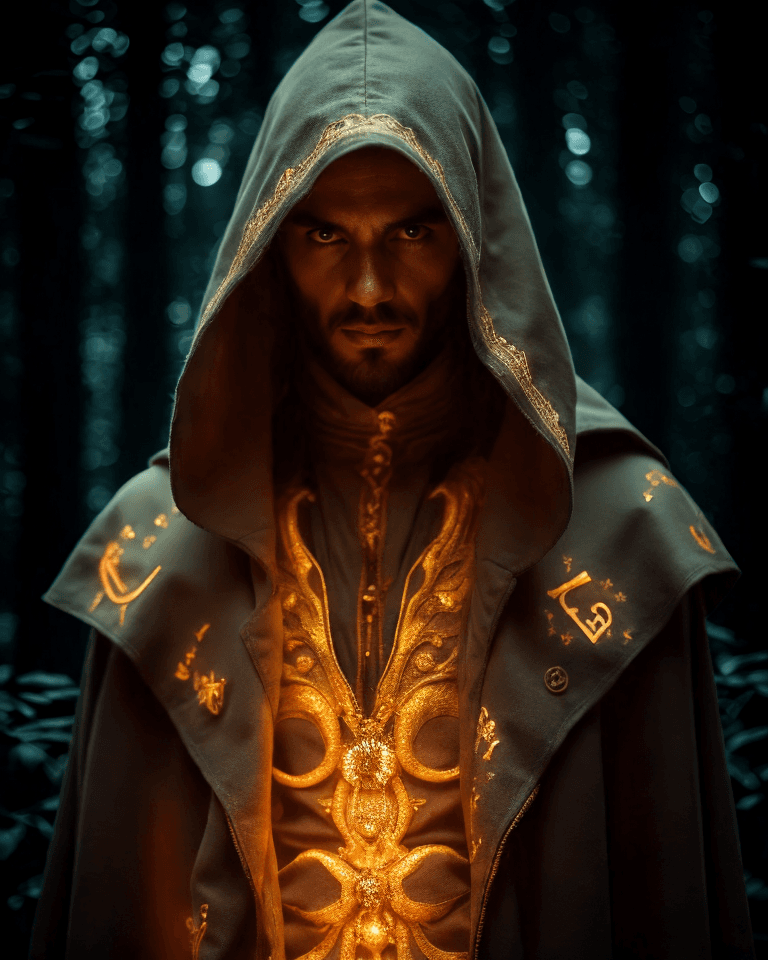 AI generated: A photo of a sinister, enigmatic magician cloaked in a jet-black hood. The magician's piercing and i...