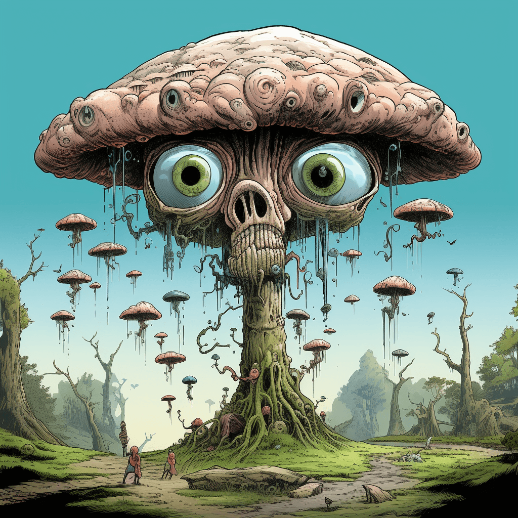 AI generated: cartoon of a funny fir tree with eyes, emphasis in facial expression, character caricatures, moss in...