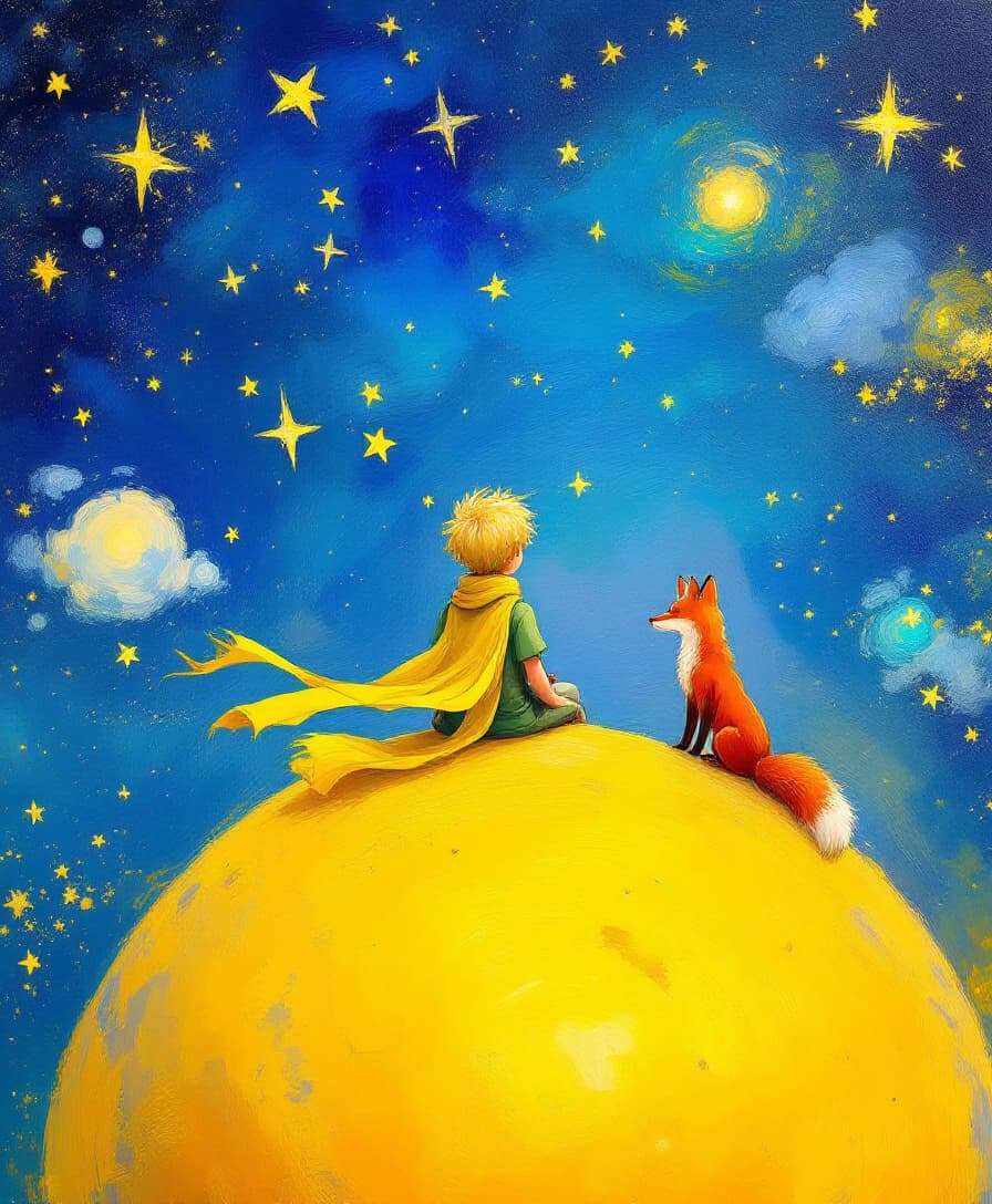 AI generated: Prompt: Create a vibrant impressionist-style oil painting shows the back of The Little Prince, sit o...