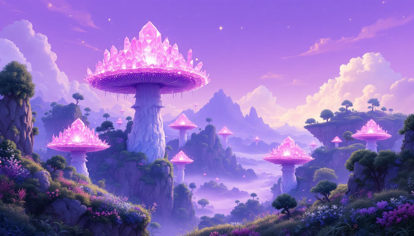 AI generated: Surreal landscape painting, giant mushrooms made of crystal, floating islands in a purple sky, style...