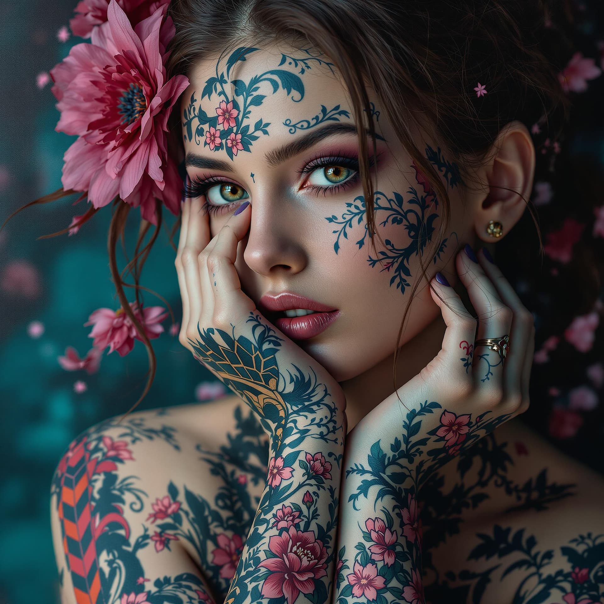 AI generated: a tattoo artist with blue tattoos and flowers on her skin, in the style of futuristic fantasy, inten...