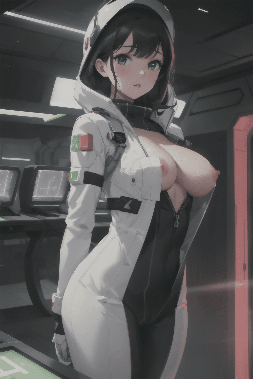 AI generated: nsfw, woman, standing, wearing an open front white space suite with space helmet in front of sci-fi ...