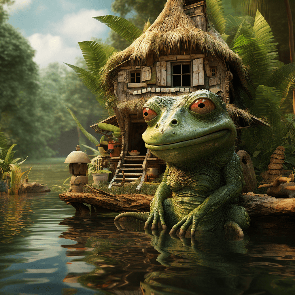 AI generated: giant green lizard in front of a wooden house, crystal clear lagoon, strange vegetation on the shore...