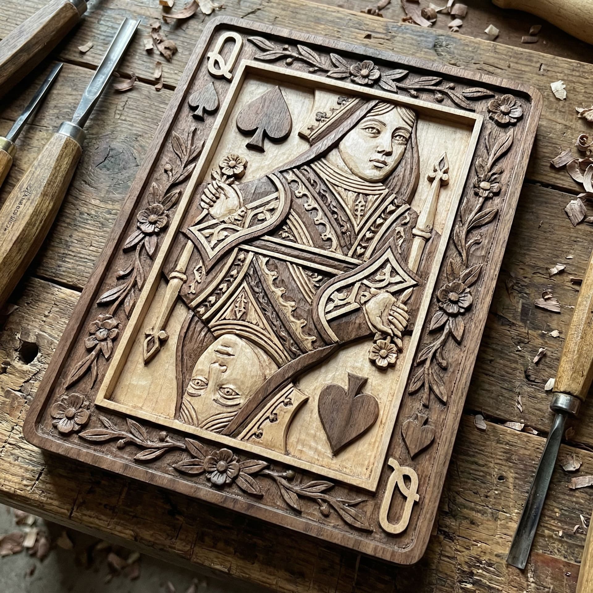 AI generated: Wood carving. A brown and beige Queen of Spades from a card game.