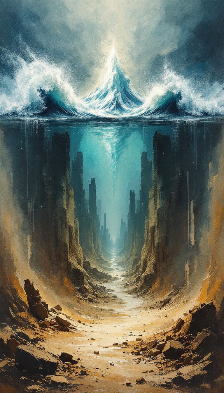 AI generated: surreal epic abstract double exposure fantasy rough hand-painted sketch featuring in the top half of...