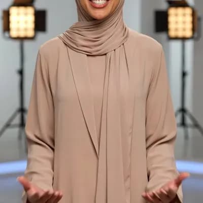 AI generated video: A medium shot of a specific Middle Eastern female TV presenter in her late 20s with defined jawline ...