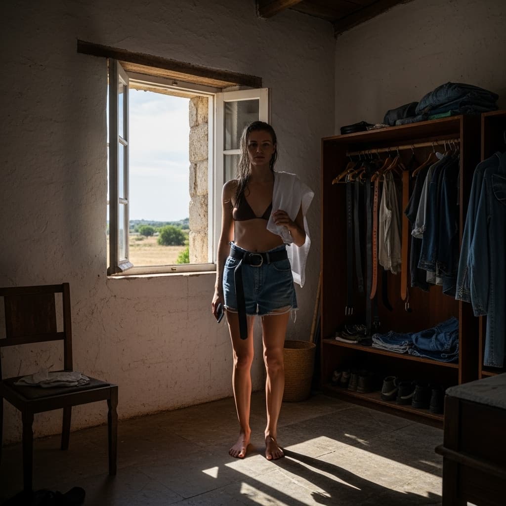 AI generated: A young woman with long wet hair stands in a rustic, sunlit room with rough white plaster walls and ...