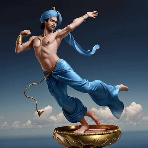 AI generated: Hyper-realistic male Genie, floating out of a genie lamp,

