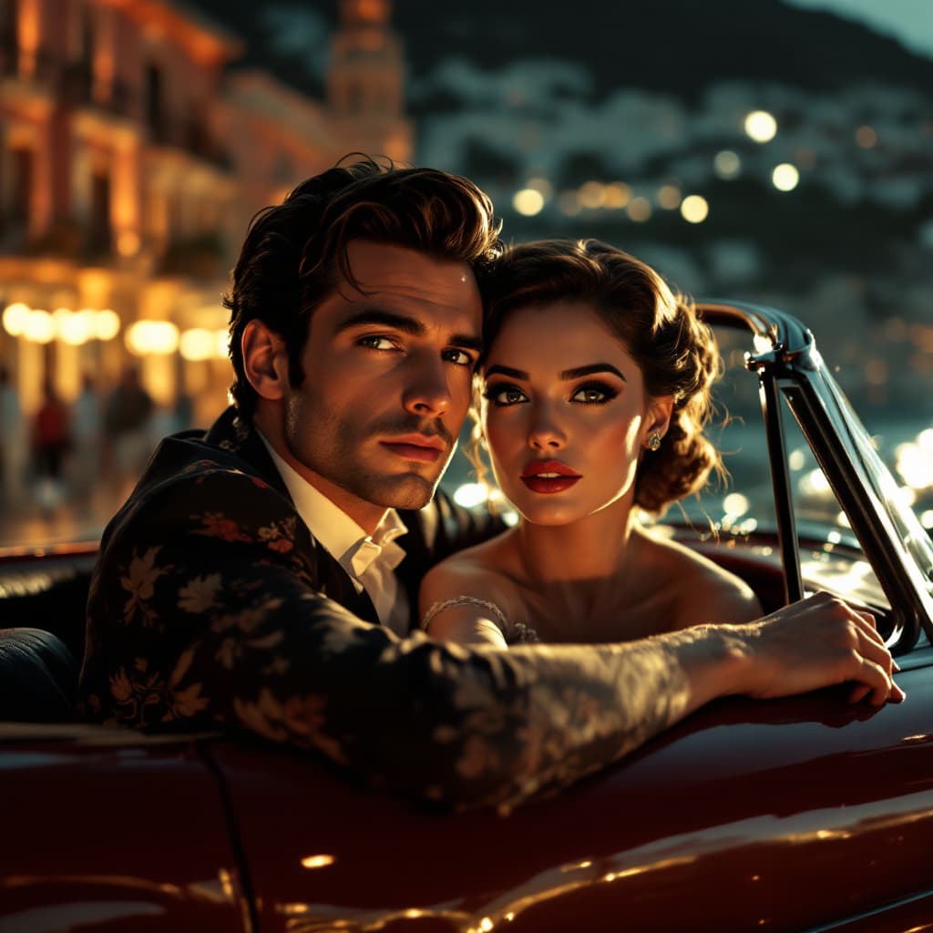 AI generated: a scene in a retro  movie,,1955 th style,epic  scene,intricate details,dynamic lights,2 stylish peop...