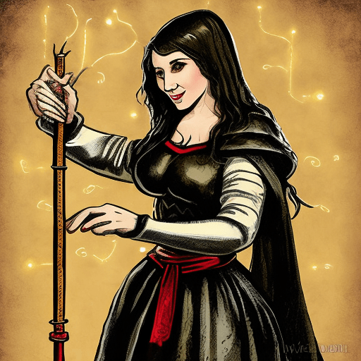 AI generated: medieval style portrait, medieval magician woman with arms in front performing magic act with magic ...