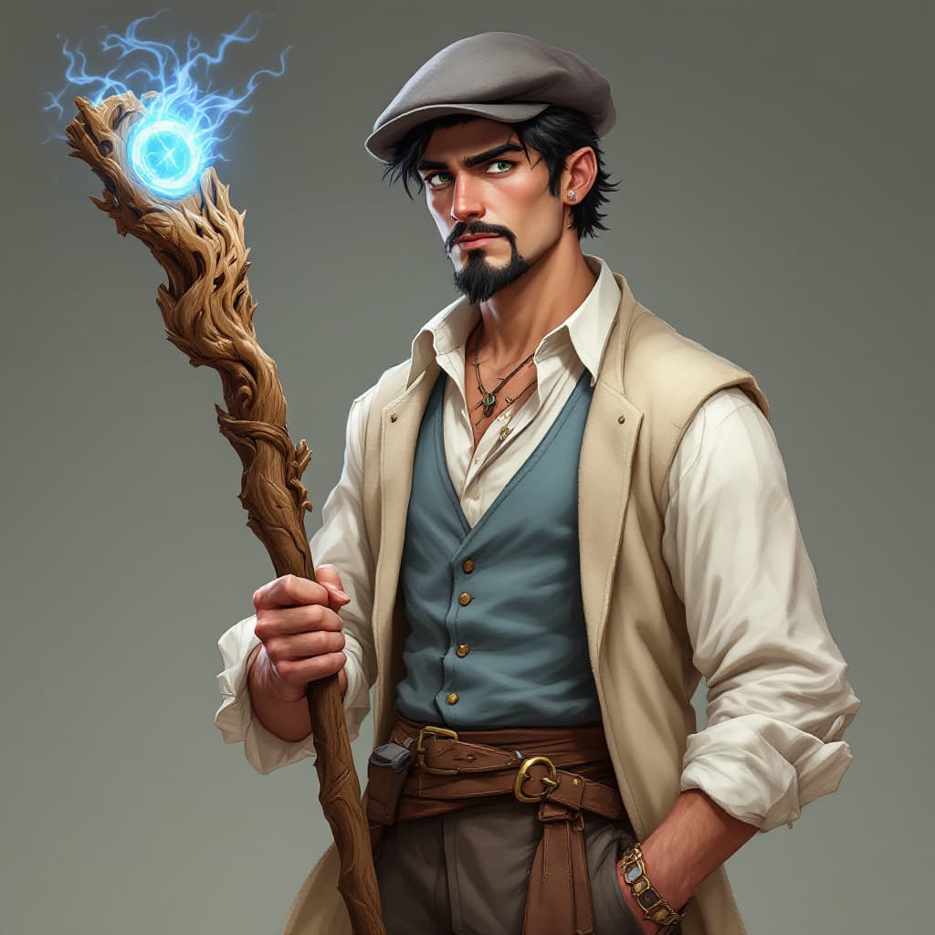 AI generated: A lean man in his mid-20's. He has Black hair, green eyes and a goatee. He is wearing a white shirt,...