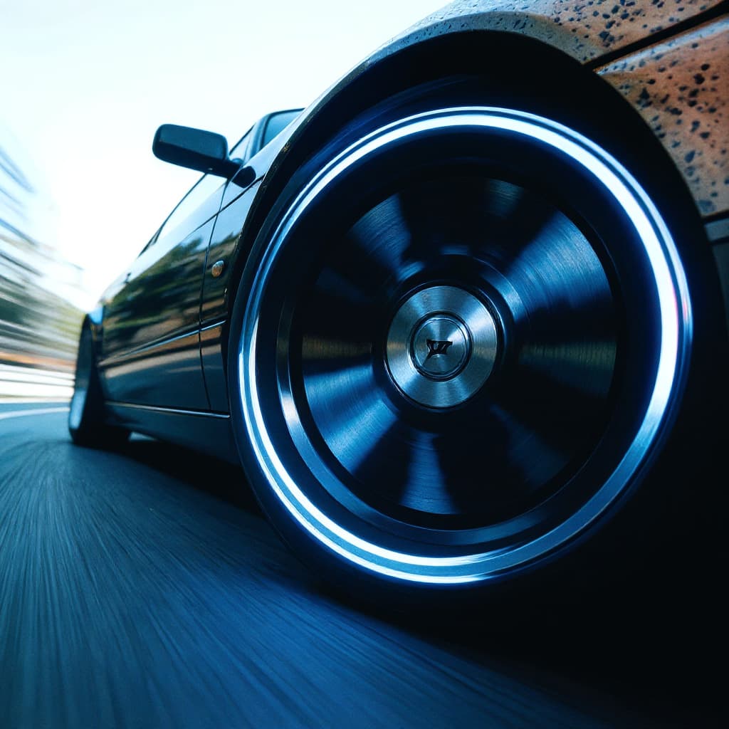 AI generated: replace the center of the wheel with a clean metallic badge containing the minimal logo, perfectly a...