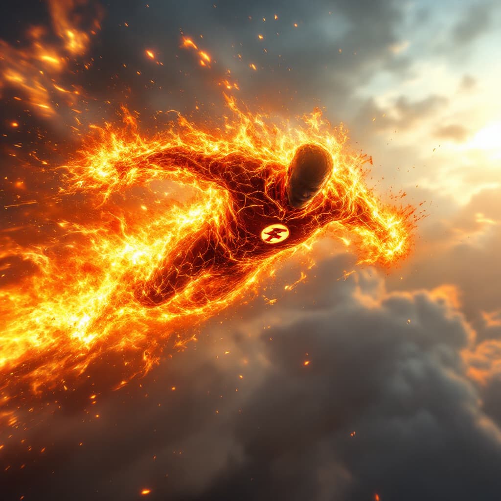 AI generated: "A hyper-realistic depiction of the Human Torch from the Fantastic Four, blazing through the sky at ...