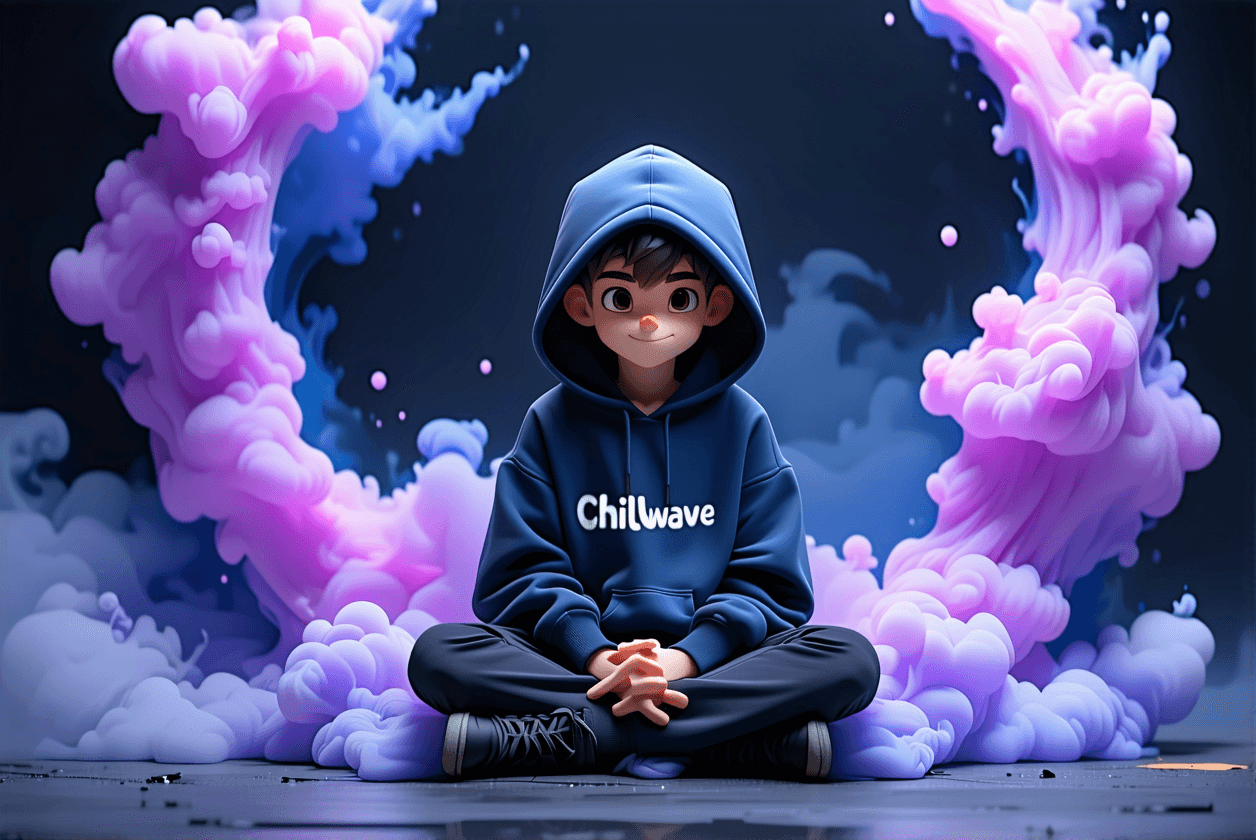 AI generated: A calm cartoon boy in a hoodie with the word “Chillwave”, sitting in a hoodie, vape smoke forming ci...