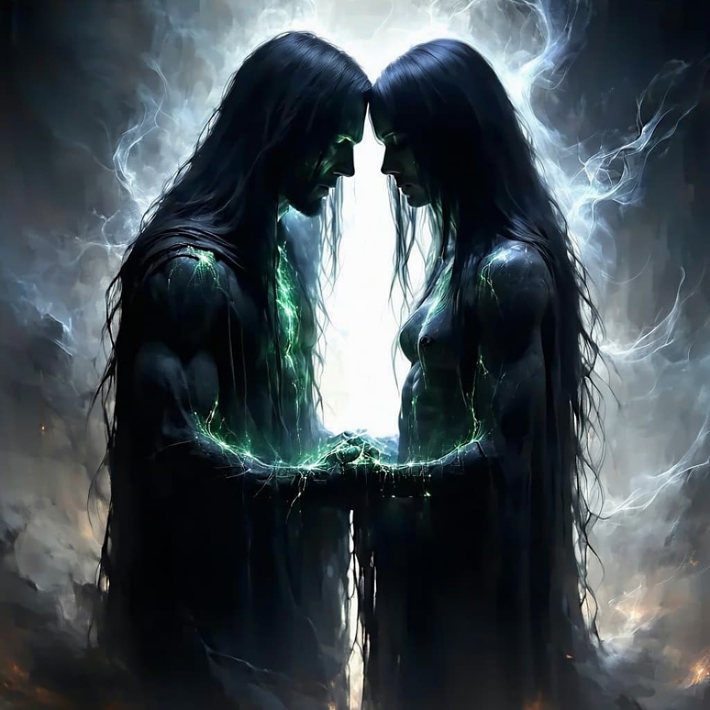 AI generated: Two ghostly, semi-transparent spirits of soulmates standing face-to-face, their faintly glowing ener...