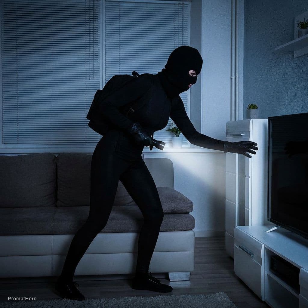 AI generated: Create a image of a slender masked intruder with gloves and catsuit in a home invasion scenario 