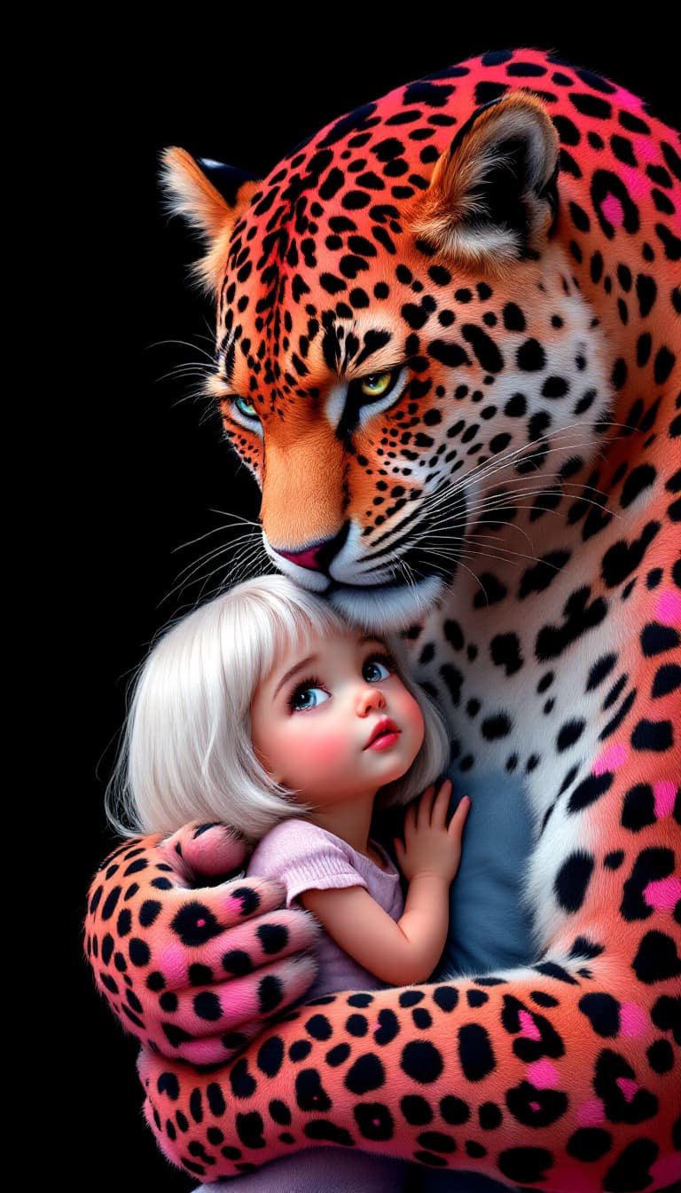 AI generated: whimsical cartoon of Disney,a rose-red leopard and a girl, pink and black, romantic comic, surreal a...