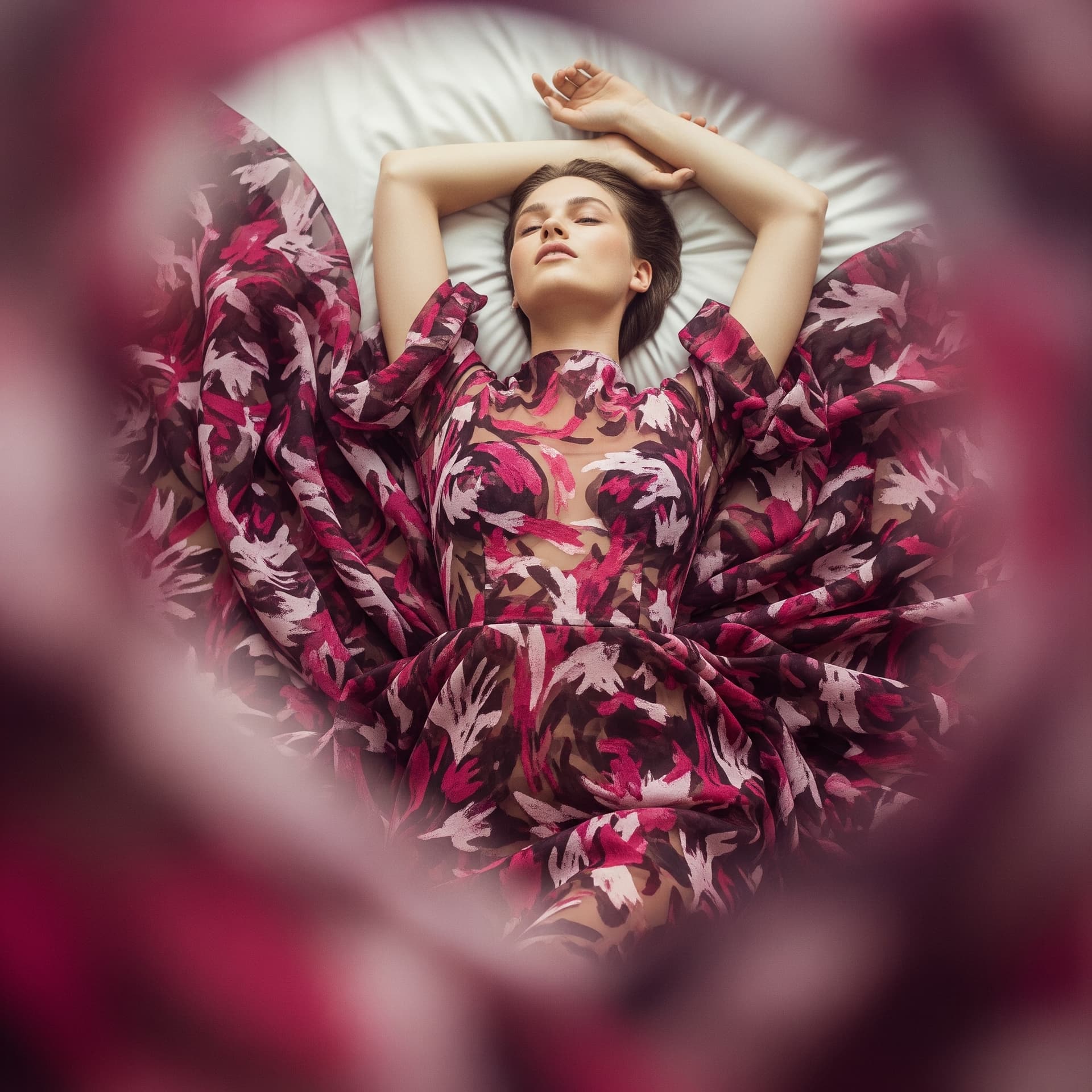 AI generated: A dreamy, fashion-forward photograph of a model in a sheer, intricately detailed gown. The dress is ...