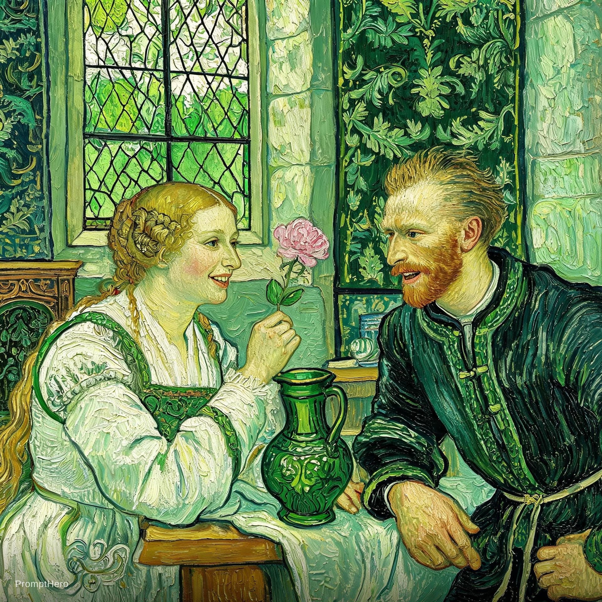 AI generated: a painting of a happy couple talking, woman holding a flower in her hand, in the style of jan van ey...
