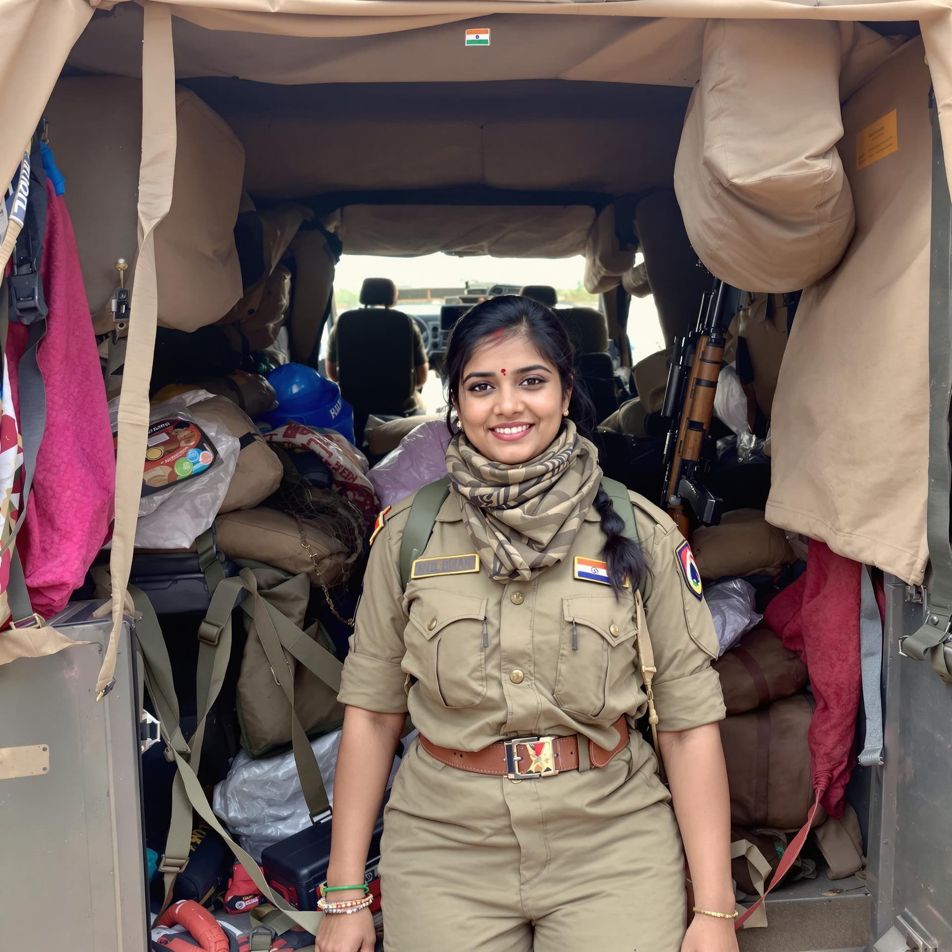 AI generated: A nice female Indian soldier standing behind an army Jeep with military gear and supplies, including...
