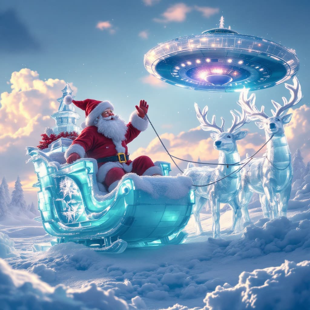 AI generated:  Ice fairytale sculptures of Santa in an ice sleigh pulled by ice deer,  in the sky , dogfight with ...