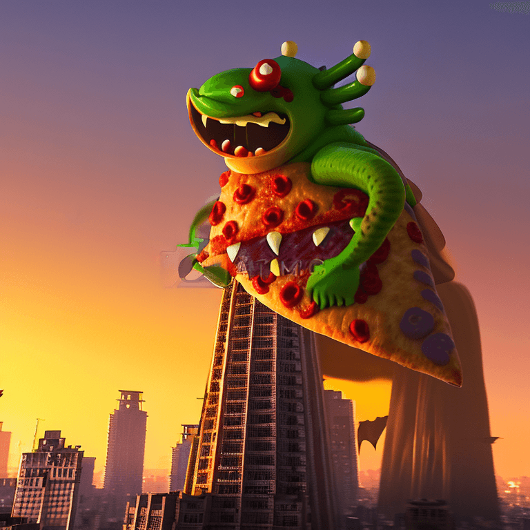 AI generated: illustration of a pizza monster, retro japanese city in background, dramatic light, pale sunrise, ci...