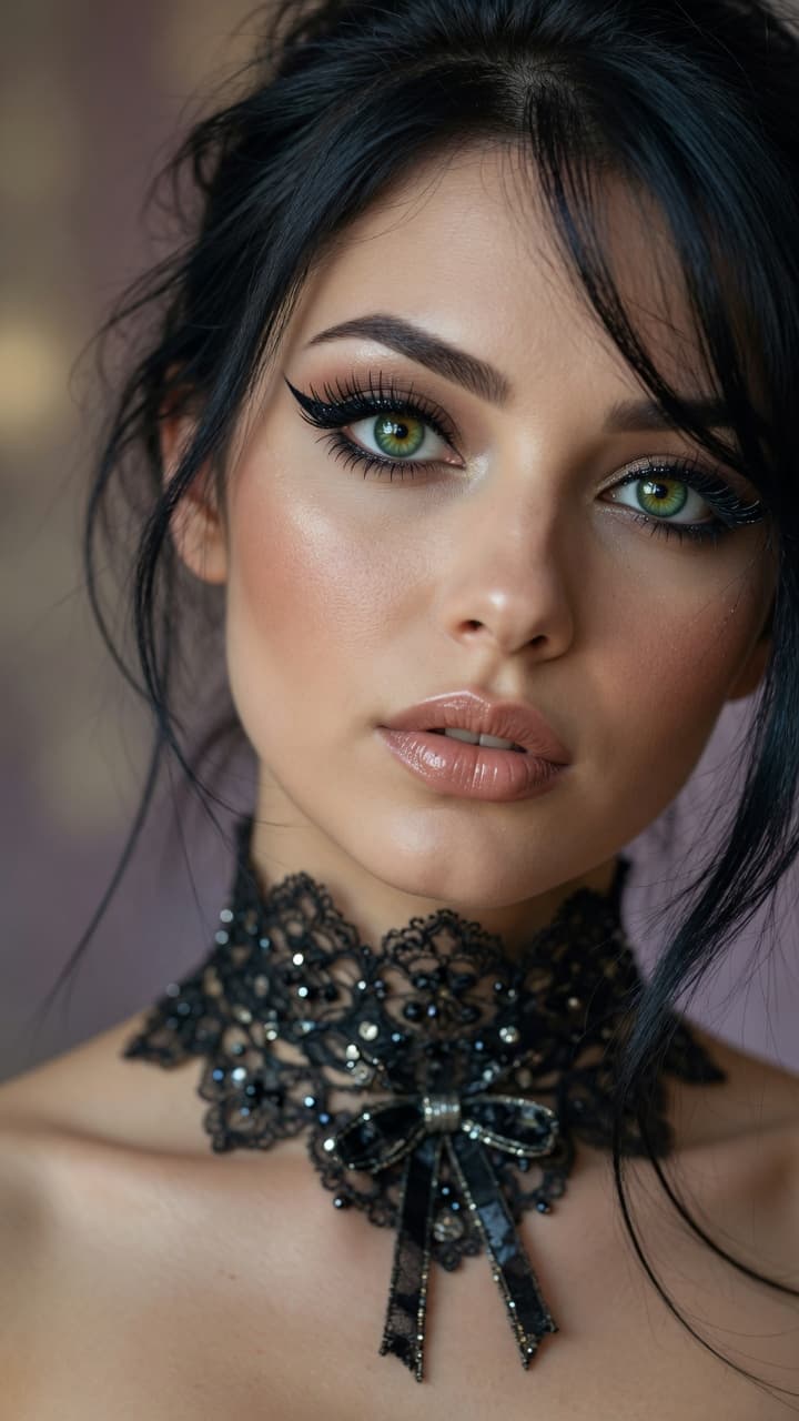 AI generated: Photorealistic close-up portrait of a stunning young woman, captivating bright green eyes with intri...