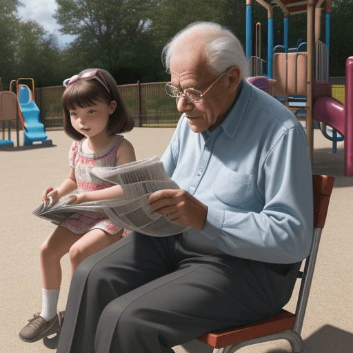 AI generated: Photo of a granddad on the playground sitting on the bench, reading a newspaper, while his granddaug...