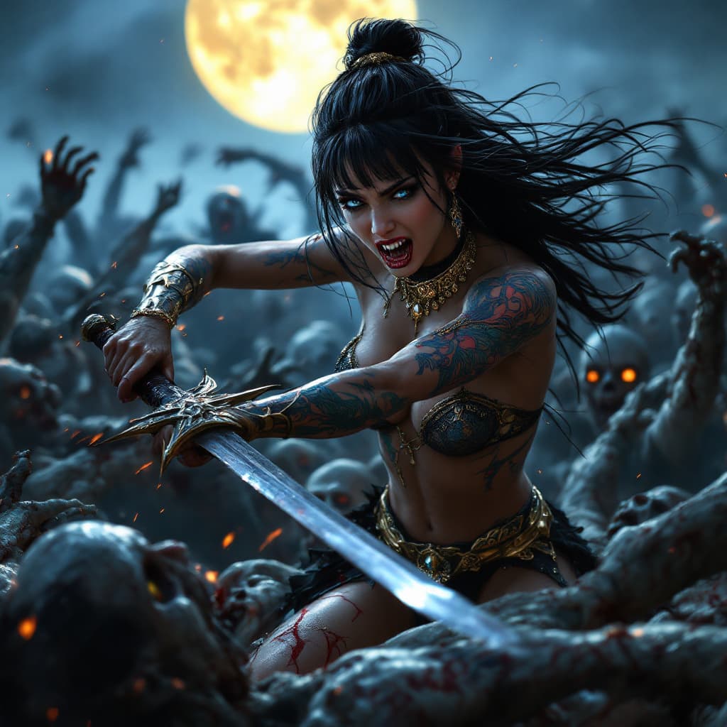 AI generated: Hyper realistic, photo realism, zoomed out HD Photo of beautiful, sultry Amazon Vampire Princess in ...