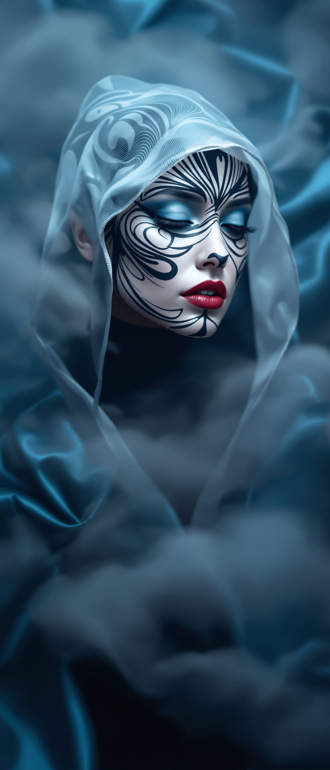 AI generated: "Fine art fashion photography. Full-hight vertical portrait, gorgeous lithe supermodel, swirling  in...