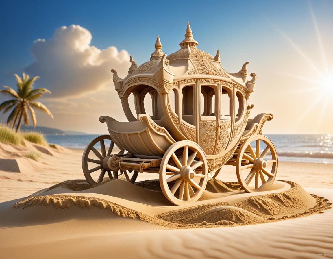 AI generated: ( made of sand "carriage" sand sculpture on the beach, sunny magical background, ultra precious deta...