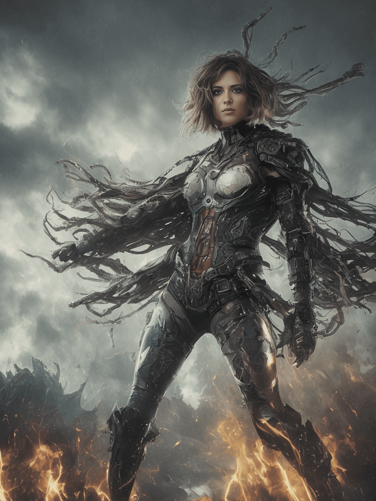 AI generated: chaos explosion, professional portrait, full body, biopunk female, beautiful face, cinematic lightin...