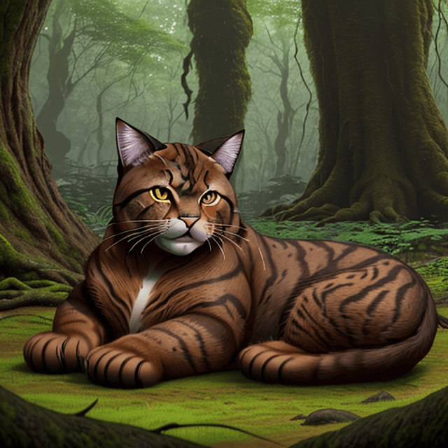 AI generated: frontal view of a nice, wise, giant brown cat resting in a prehistoric forest,  frontal view, 8k