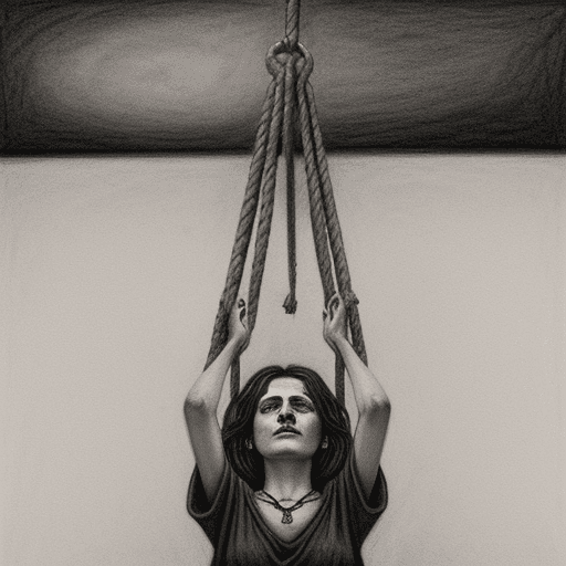 AI generated: There is a woman who hangs herself from the ceiling with a rope around her neck. She is dead. - char...
