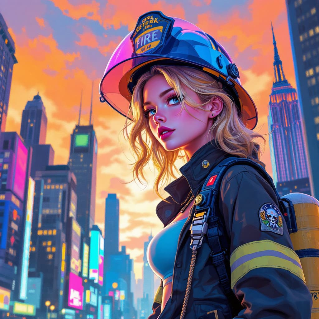 AI generated: 1 girl, [Sandra Bullock|Sophia Thomalla] as Rosalina as a firefighter with blonde hair standing in N...