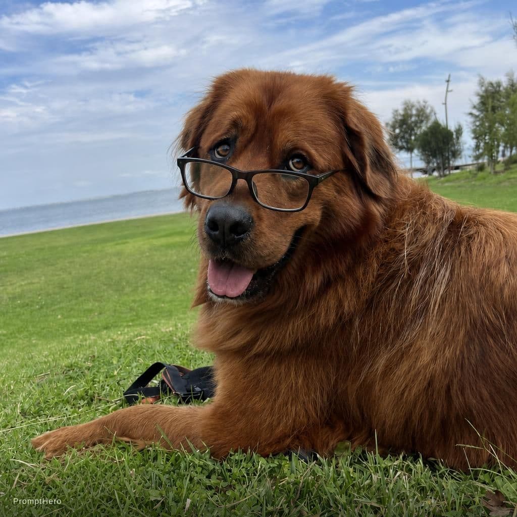 AI generated: Give this dog glasses on his nose, looking just over the top of the glasses, looking in the camera